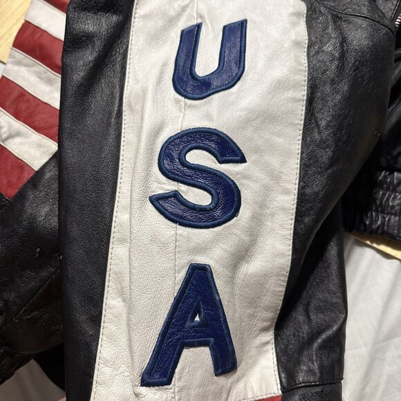 USA Flag Leather Bomber Jacket Men’s Medium USA Down The Sleeves Vintage Biker - Picture 13 of 16